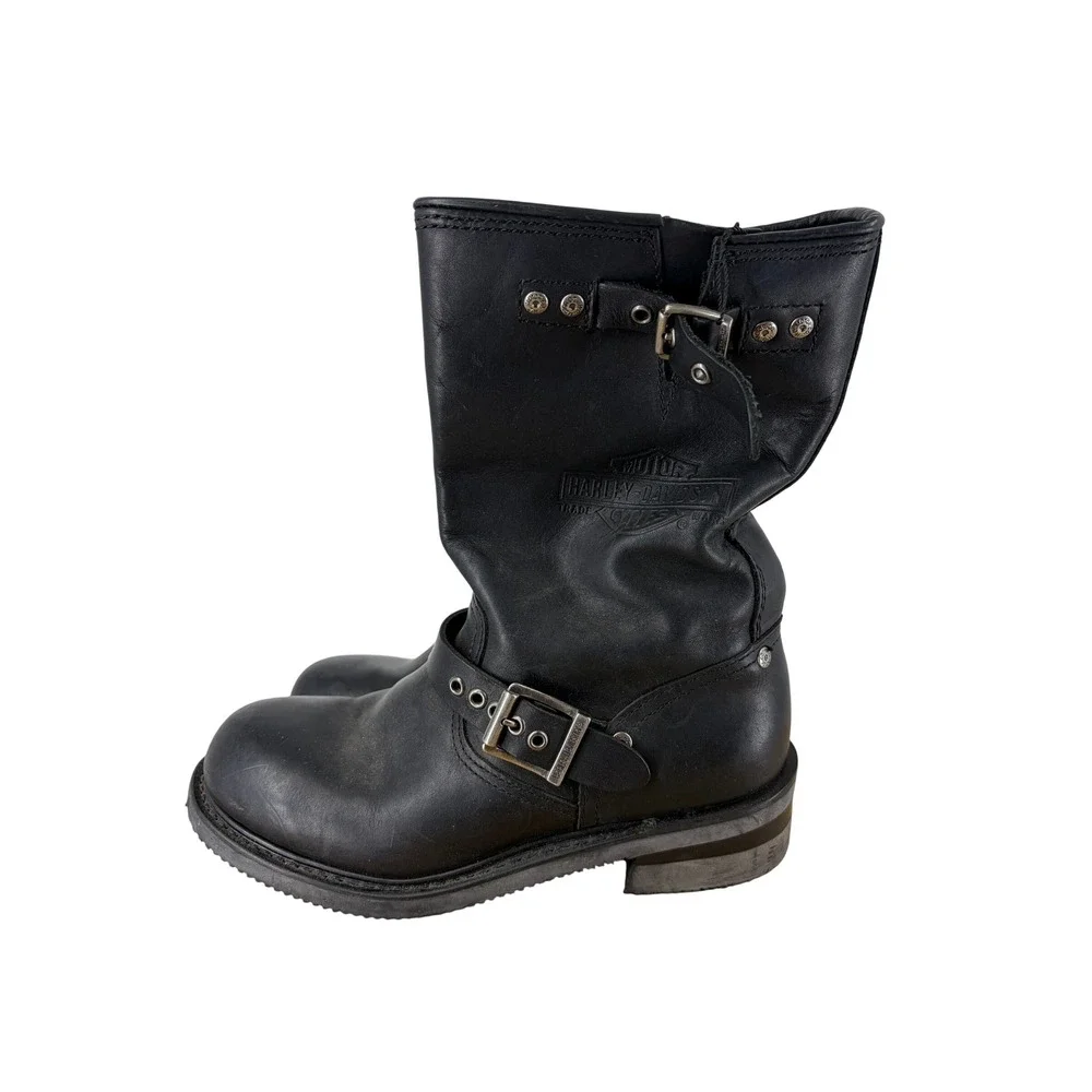 Harley-Davidson Black Leather Engineer Biker Boots Mid-Calf Buckle Straps